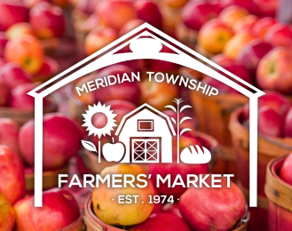 Photo of apples with the Meridian Township Farmers' Market logo over top of it