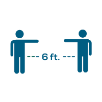 Social distancing graphic with two people and text between them that read 6 ft.